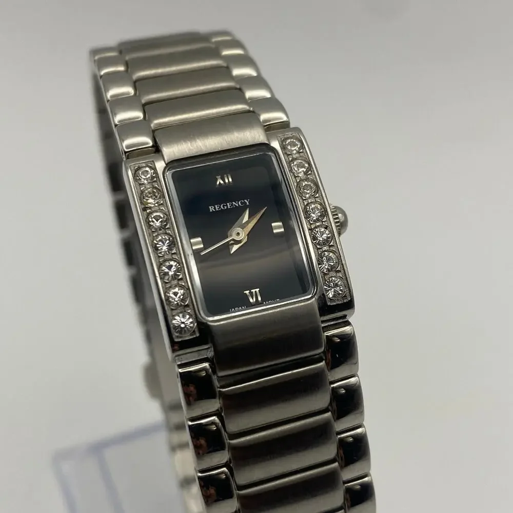 Elegant Ladies Regency Silver Tone Watch Black Dial Crystal Bezel